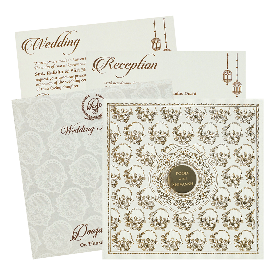 White Gold Floral Padded Wedding Card-KRE27570