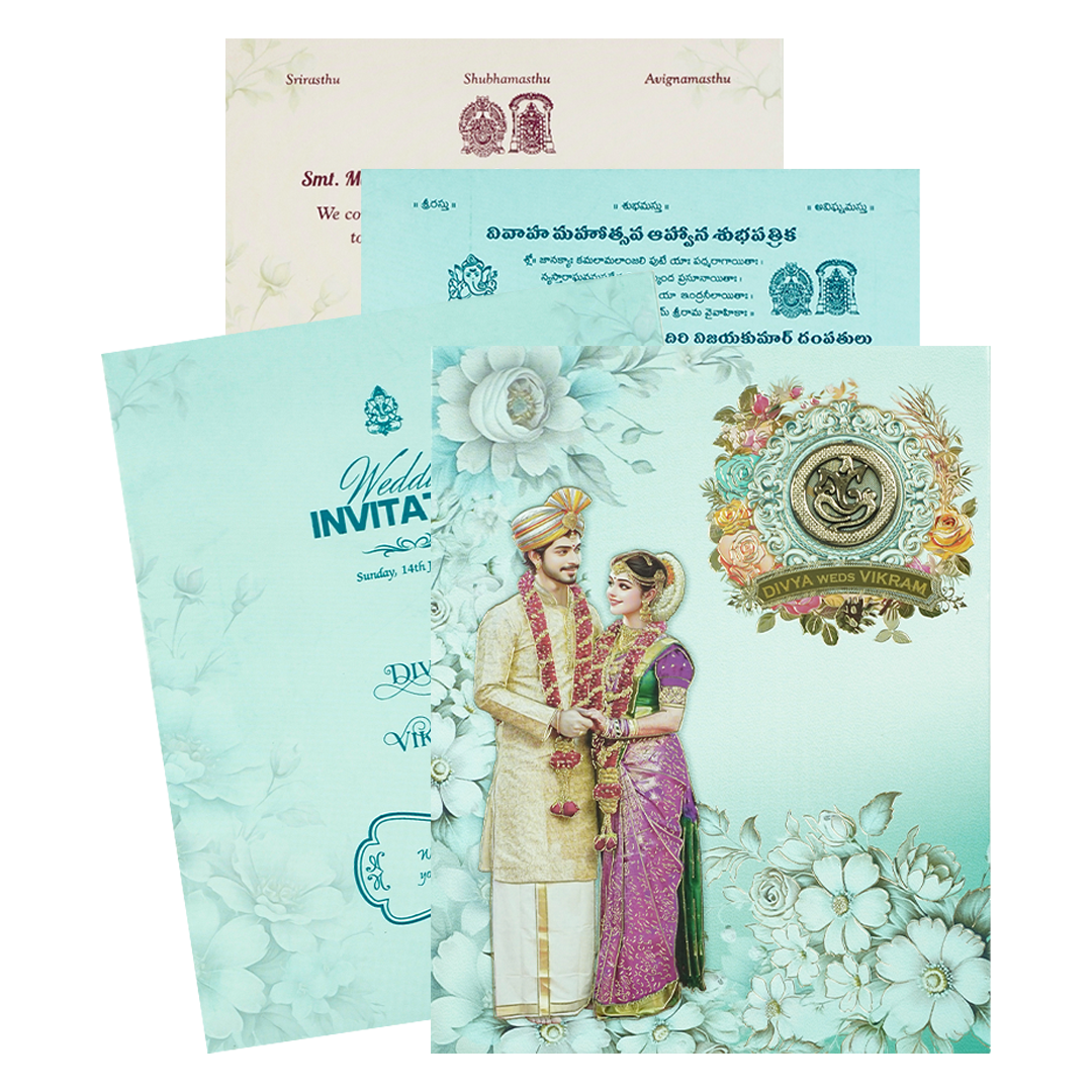 Blue Floral Couple Padded Wedding Card-KNMO9314