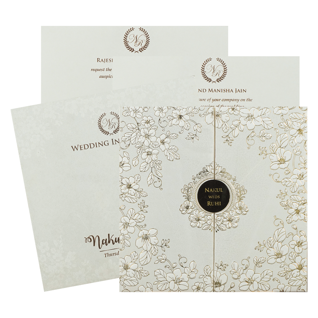 White Floral Gold Circle Padded Wedding Card-KRE28310