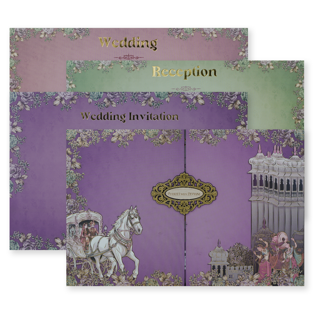 Check out Purple Baraat Padded Wedding Card at best price.✅WhatsApp Support ✅Express Delivery.|King of cards.