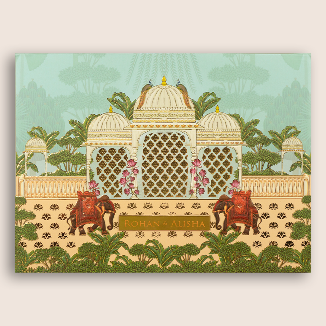 Pastel Green Embossed Elephant Padded Marriage Card - KFR15330
