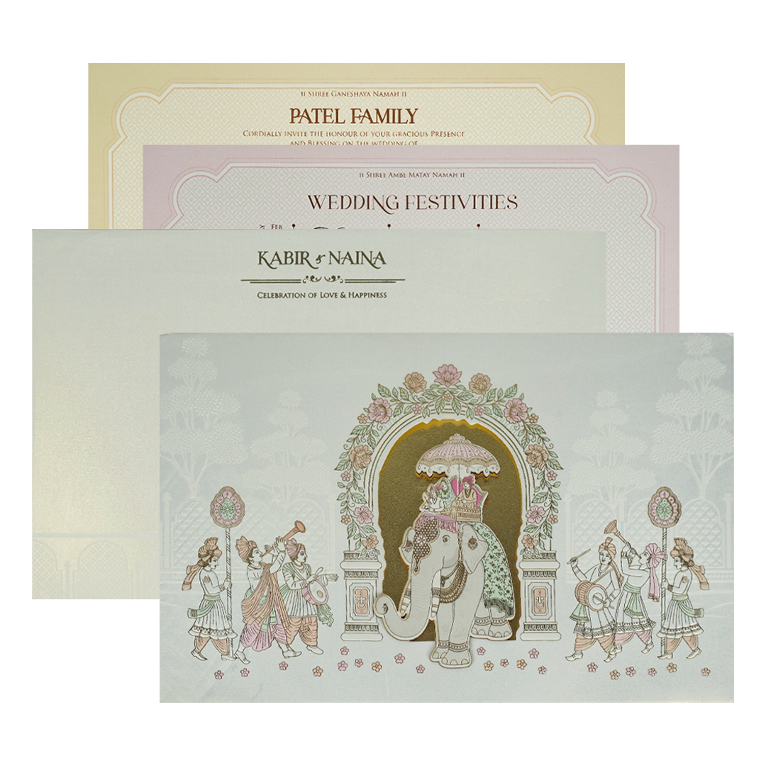 White Gold Floral Barat Padded Wedding Card-KRE28080