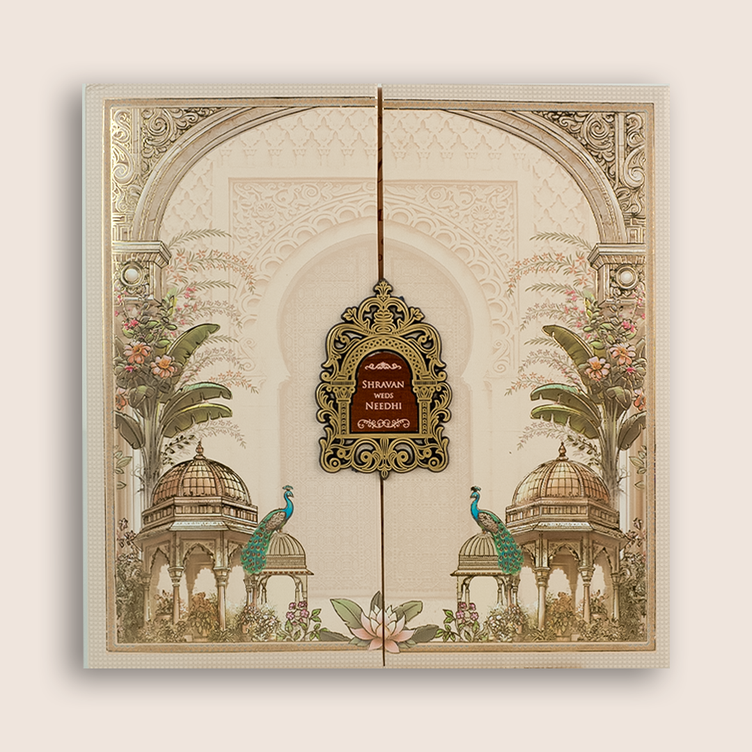 Cream Floral Padded Door Style Wedding Invitation Card-KSH72710