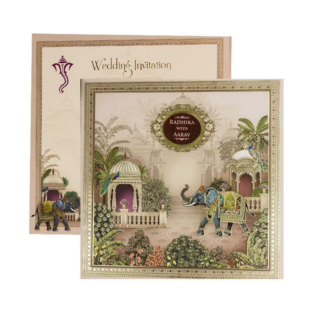 Cream Elephant Palace Padded Wedding Card-KSH72620