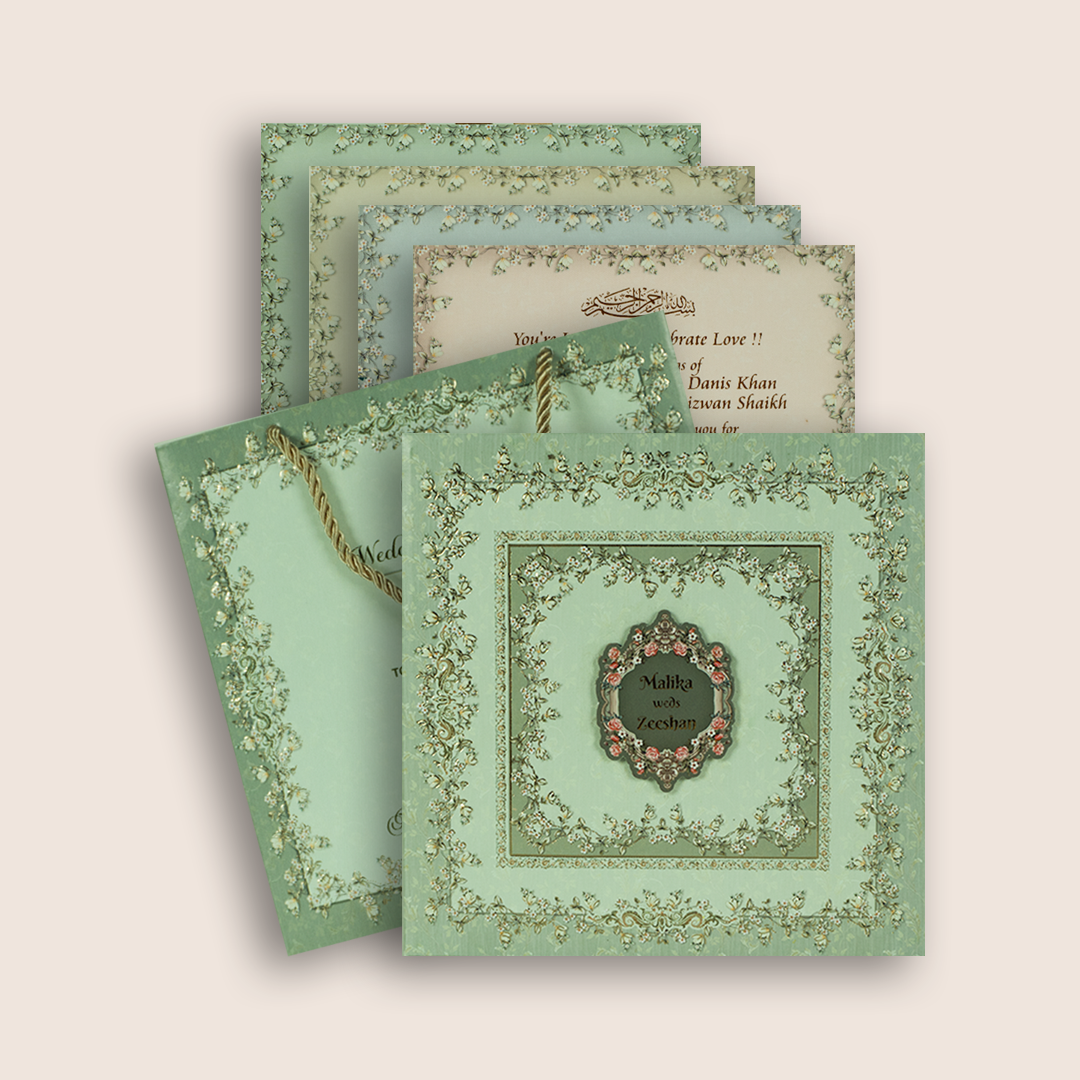 Pastel Green Embossed Floral Luxury Invitation Box - KSI32750
