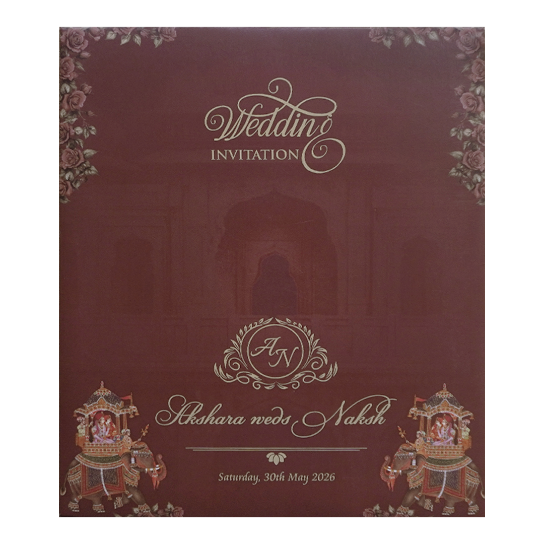 Maroon Royal Couple Elephant Wedding Invitation Card - KVN07570