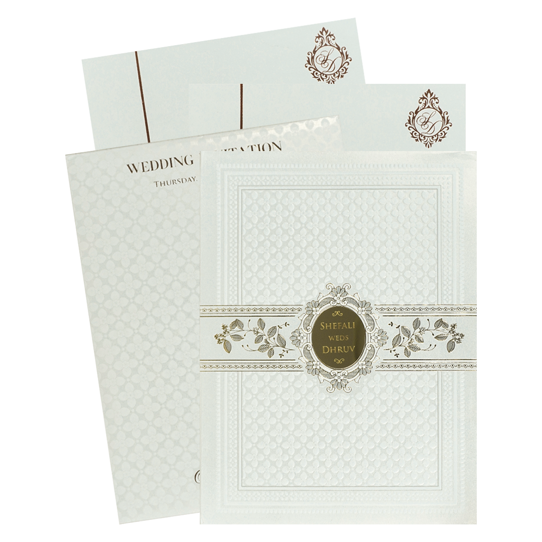 White Gold Geometric Padded Wedding card-KRE28200