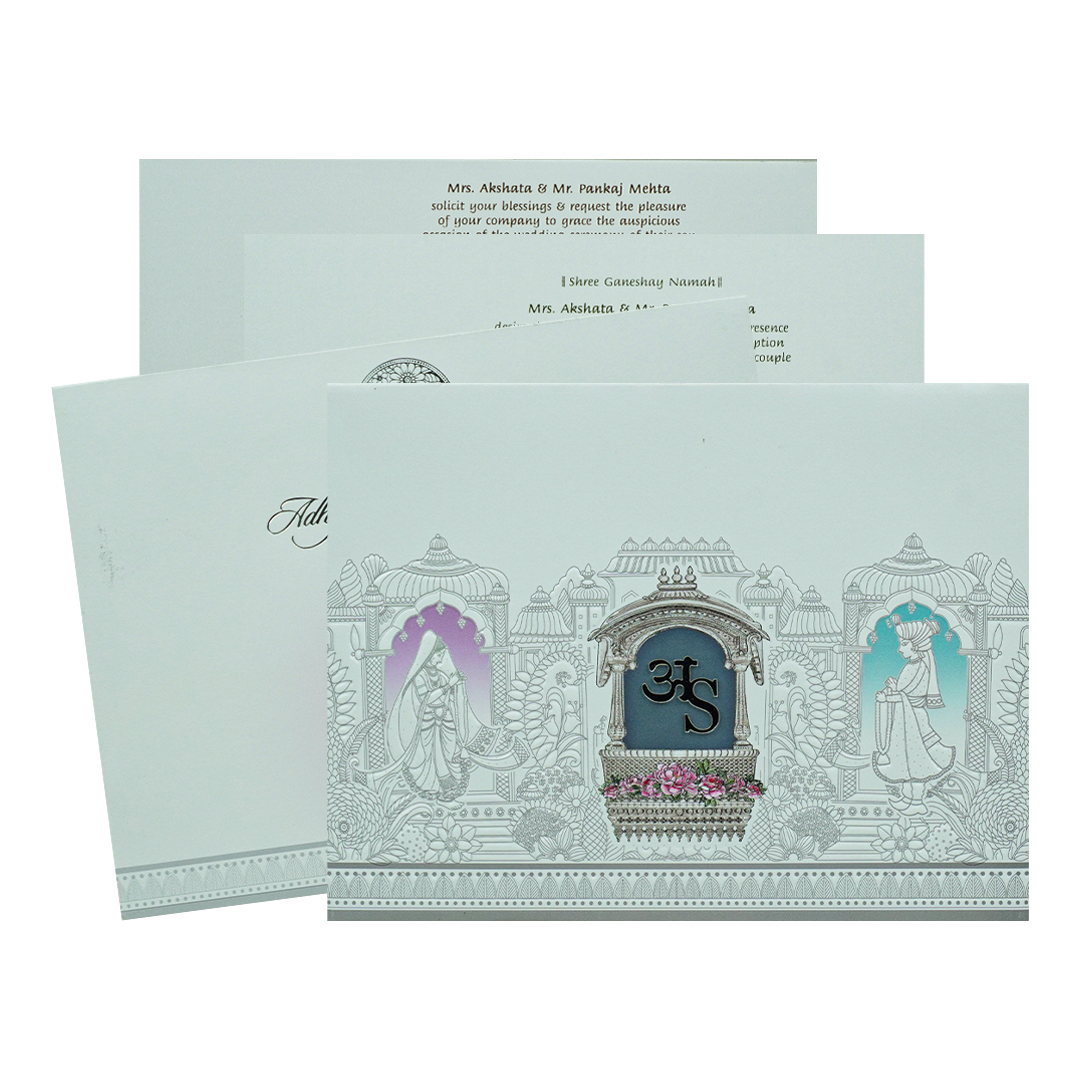 White Padded Floral Bride Groom Wedding Card-KRC31060