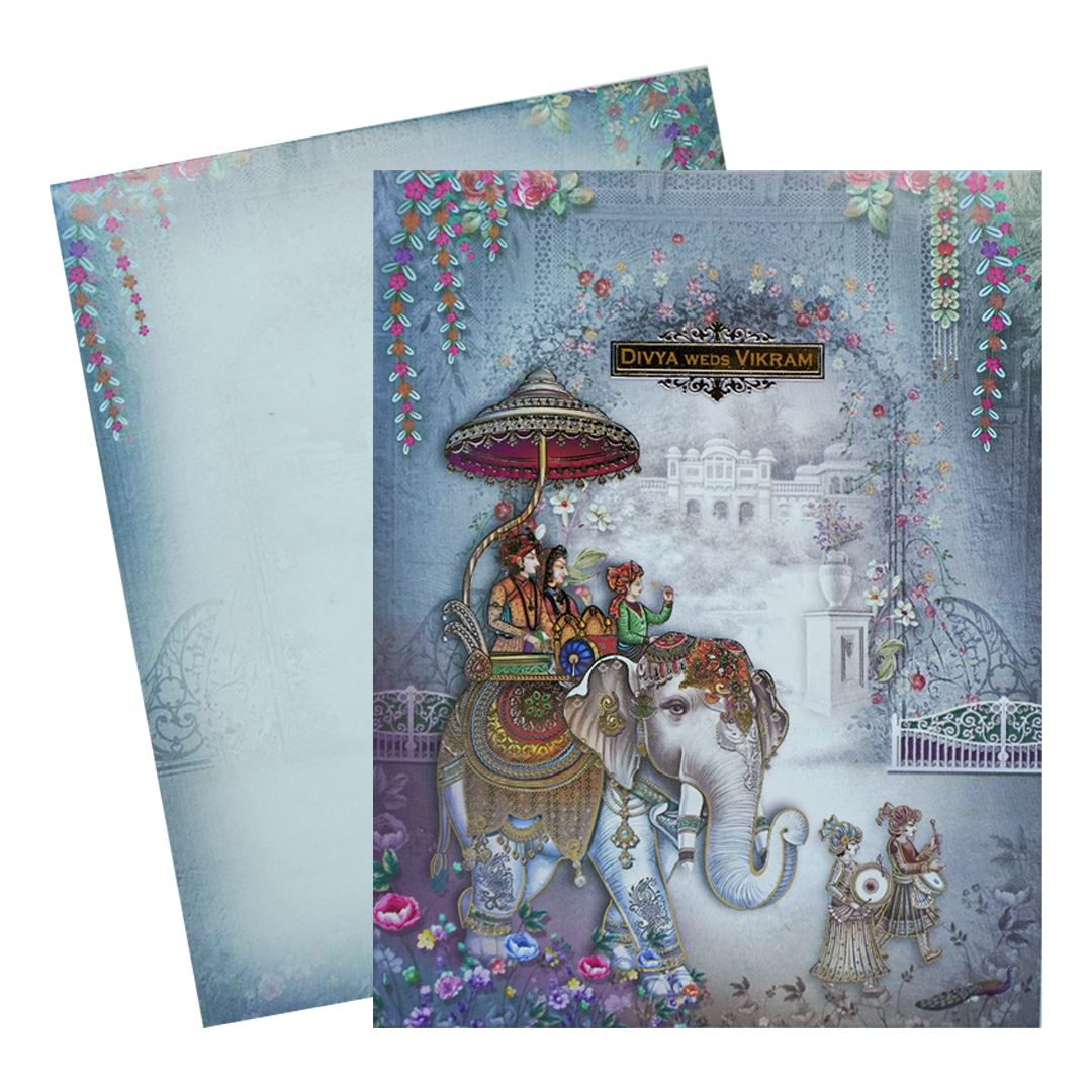 Blue Royal Elephant Baraat Wedding Card-KNKJ1153
