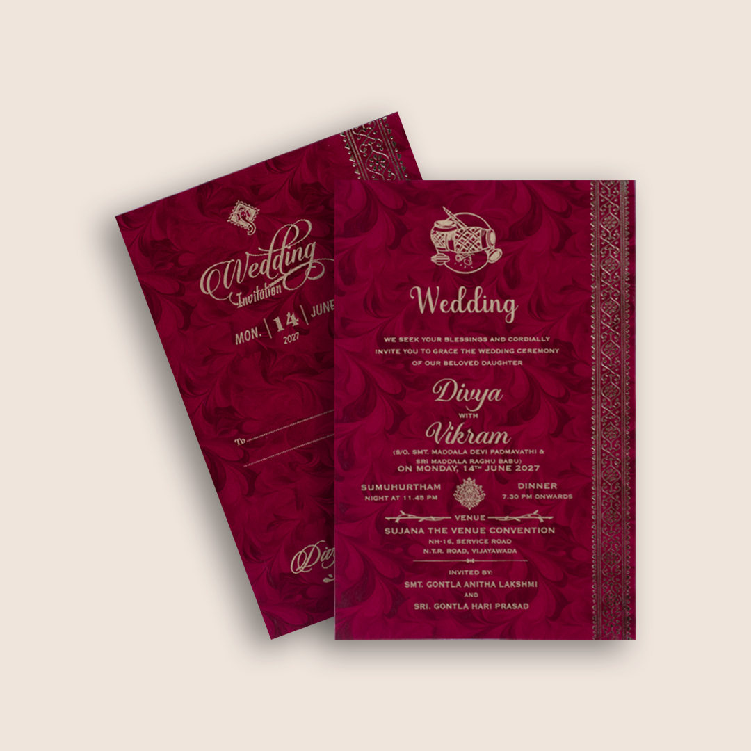 Dark Pink Floral Single Sheet Wedding Invitation - KNPD1685