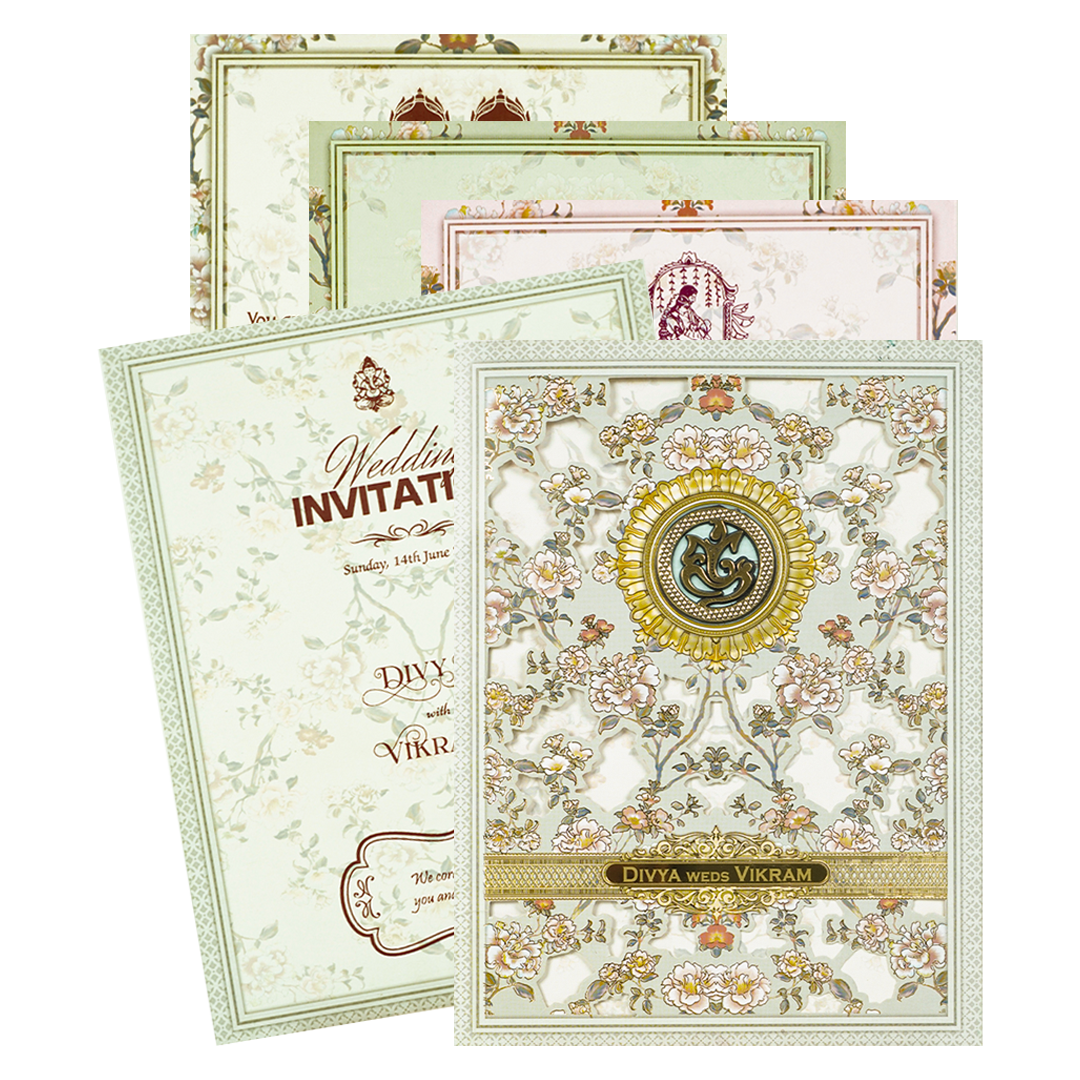 Ivory Green Floral Laser-cut Wedding Card-KNZT2301
