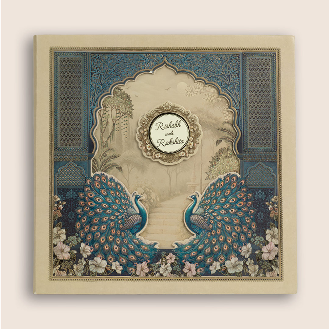 Blue Padded Floral Peacock Laser Cut Wedding Card - KAA06240