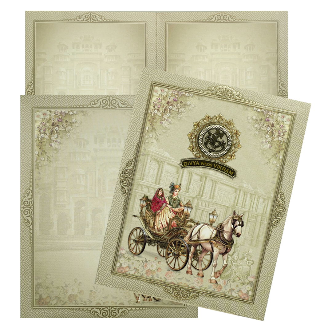 Green Floral Bride Groom Palace Wedding Card-KNKJ1155