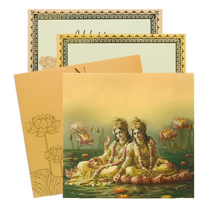 Gold Vishnu Lakshmi Lotus Padded Wedding Card-KBM05170