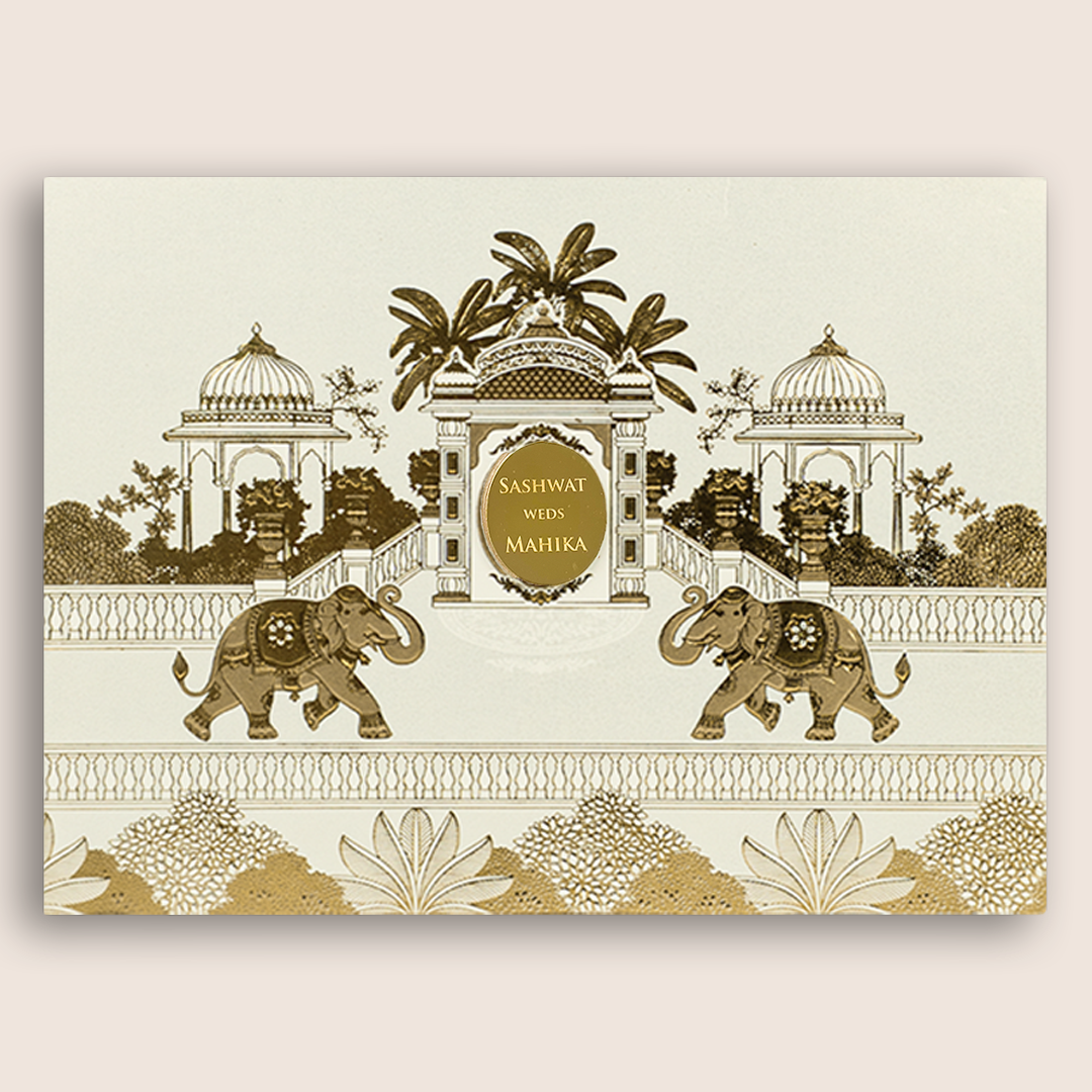 Ivory Jharokha Elephant Padded Invitation Card - KRE29270