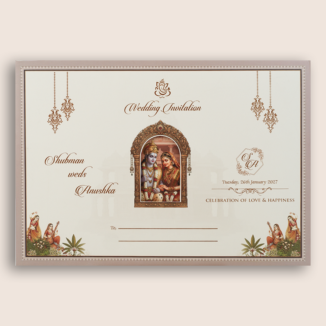 Warm Pink Lord Ram Sita Padded Wedding Card - KRB10750