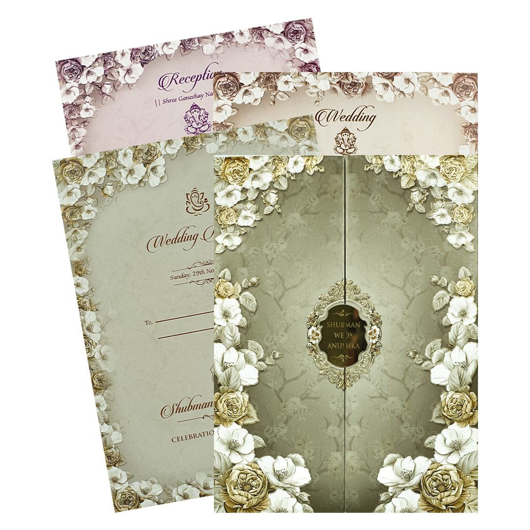 Green Floral Rose Padded Wedding Card-KRB09230