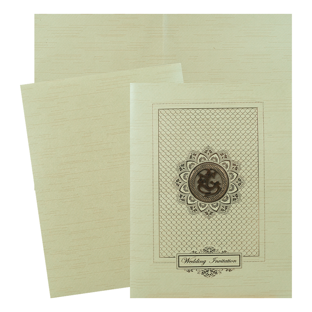 Green Ganesha Lotus Embossed Wedding Card-KNRM7085N