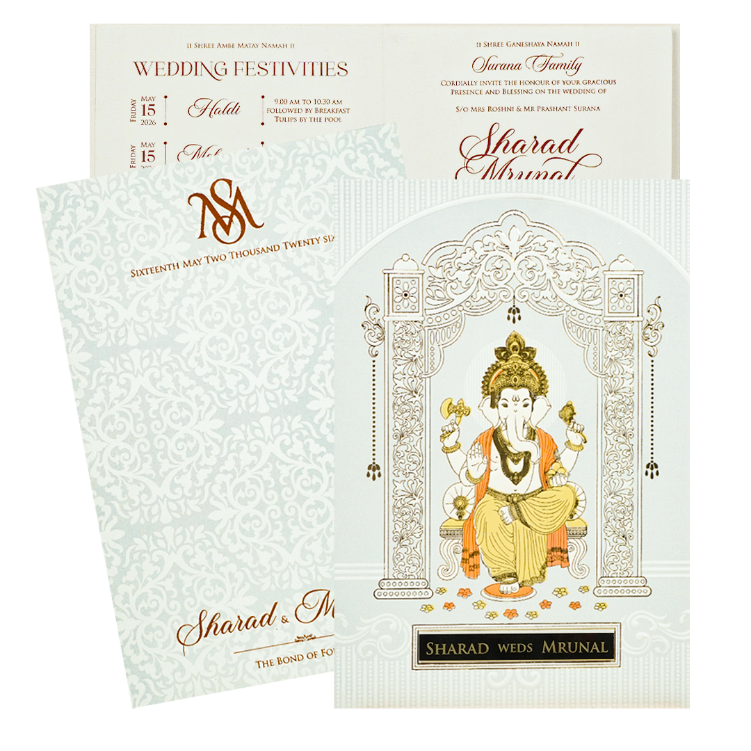 White Ganesha Arch Wedding card-KRE28630