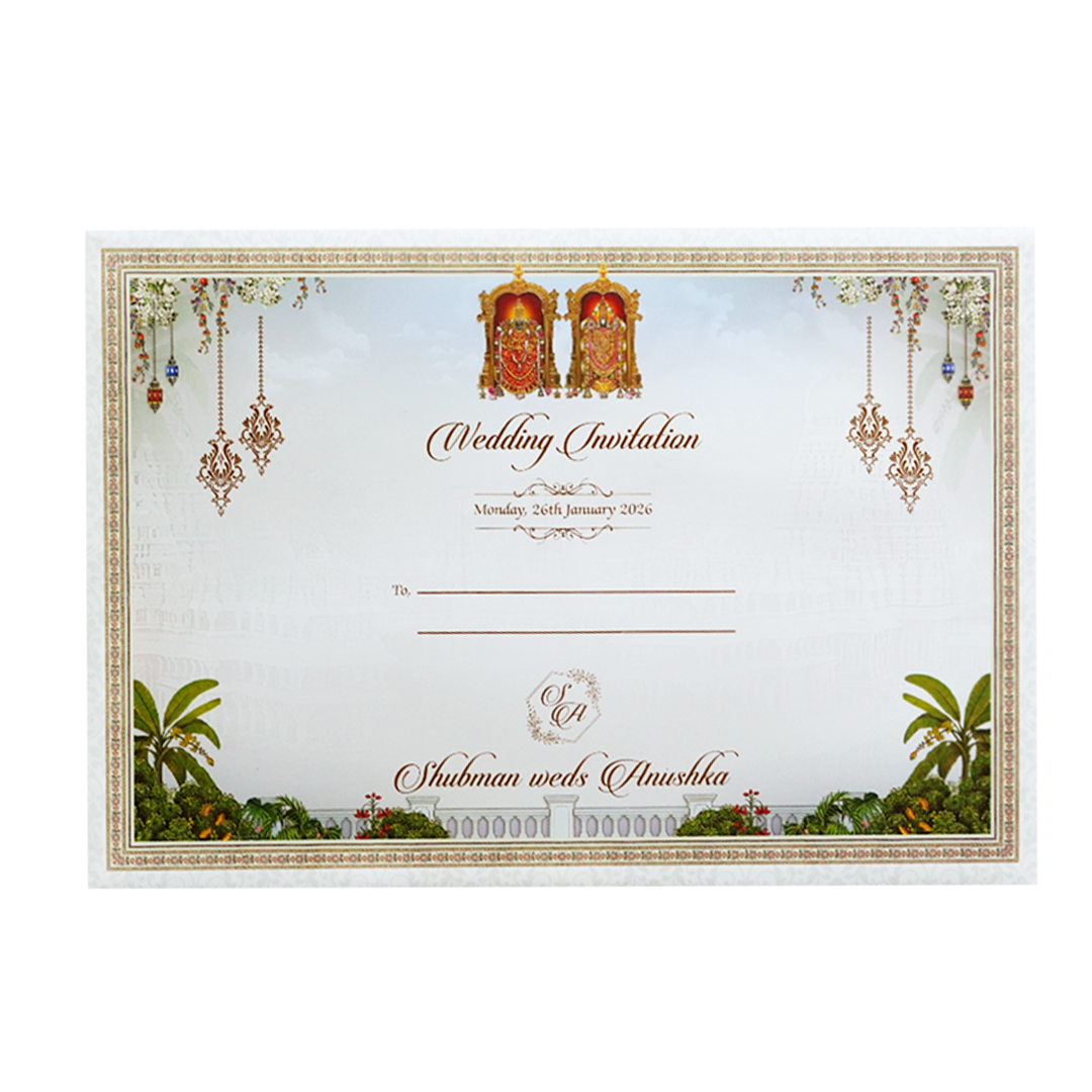 Balaji Padmavati Temple Theme Padded Gold Foil Wedding Invitation Card-KRB09620