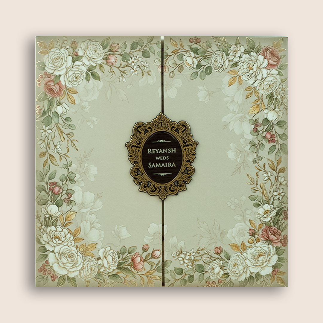 White Floral Padded Door Style Wedding Card - KSH18670