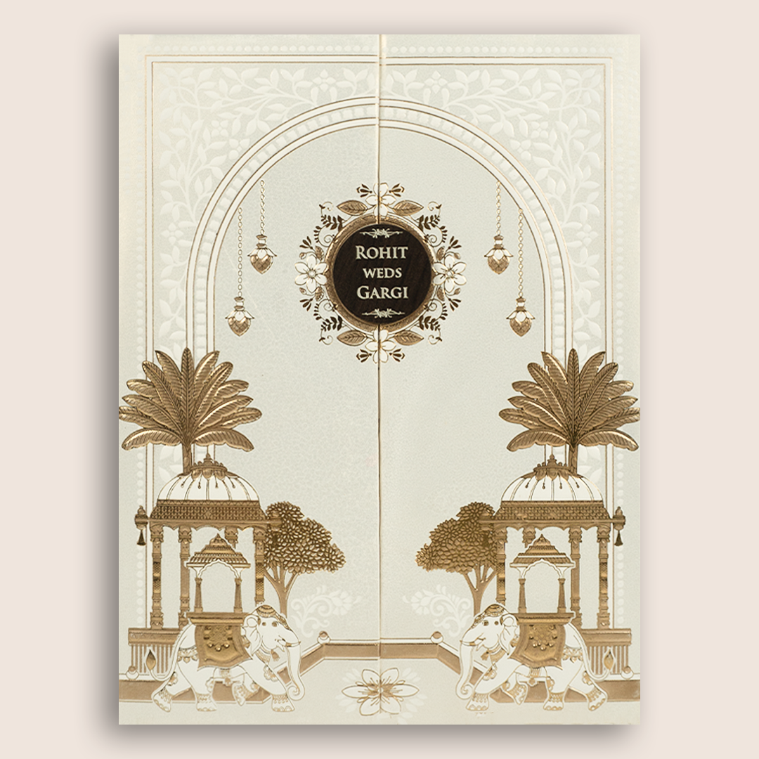 White Embossed Elephant Door Style Padded Marriage Invitation - KSH27280