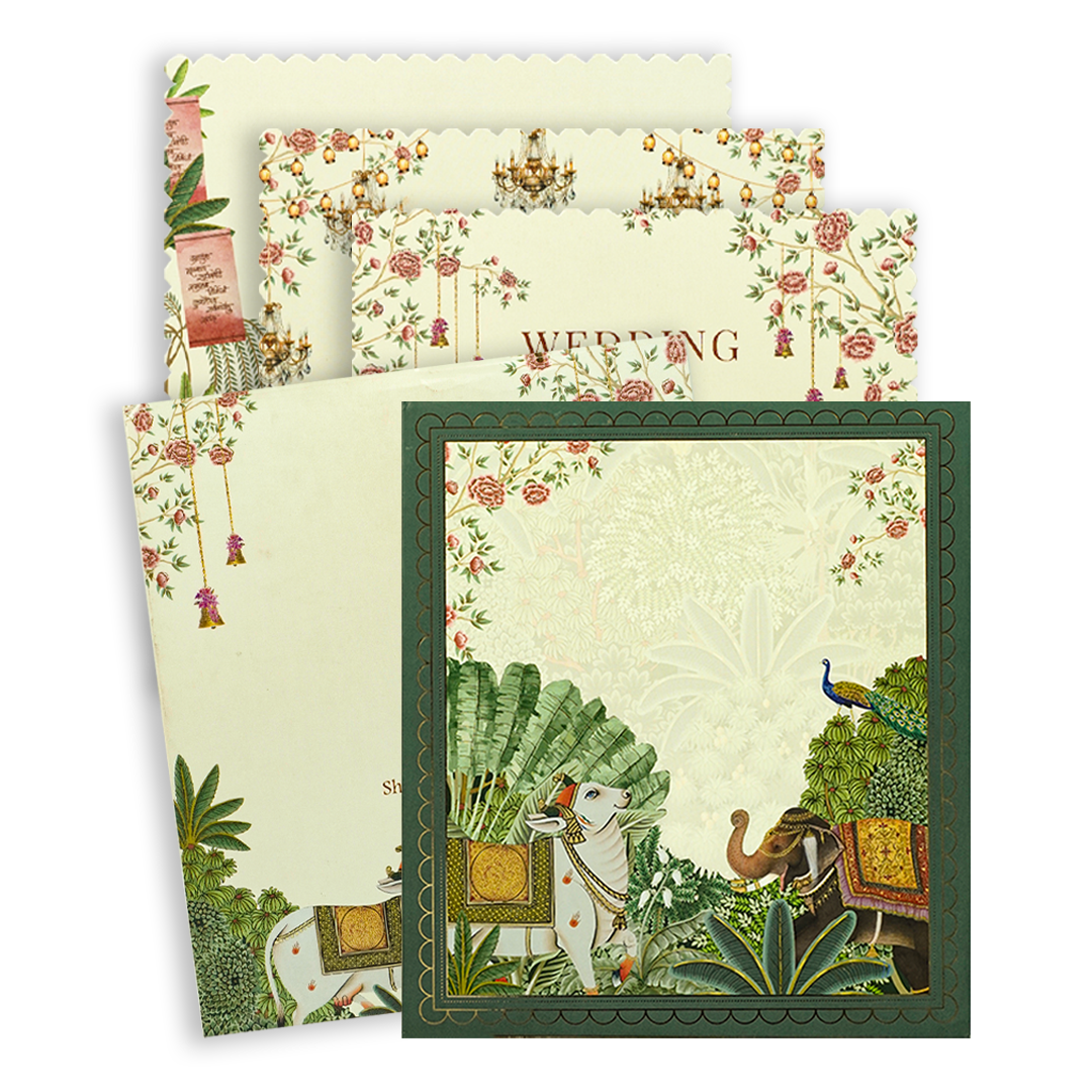 Green Elephant Peacock Padded Wedding Card-KBM05250