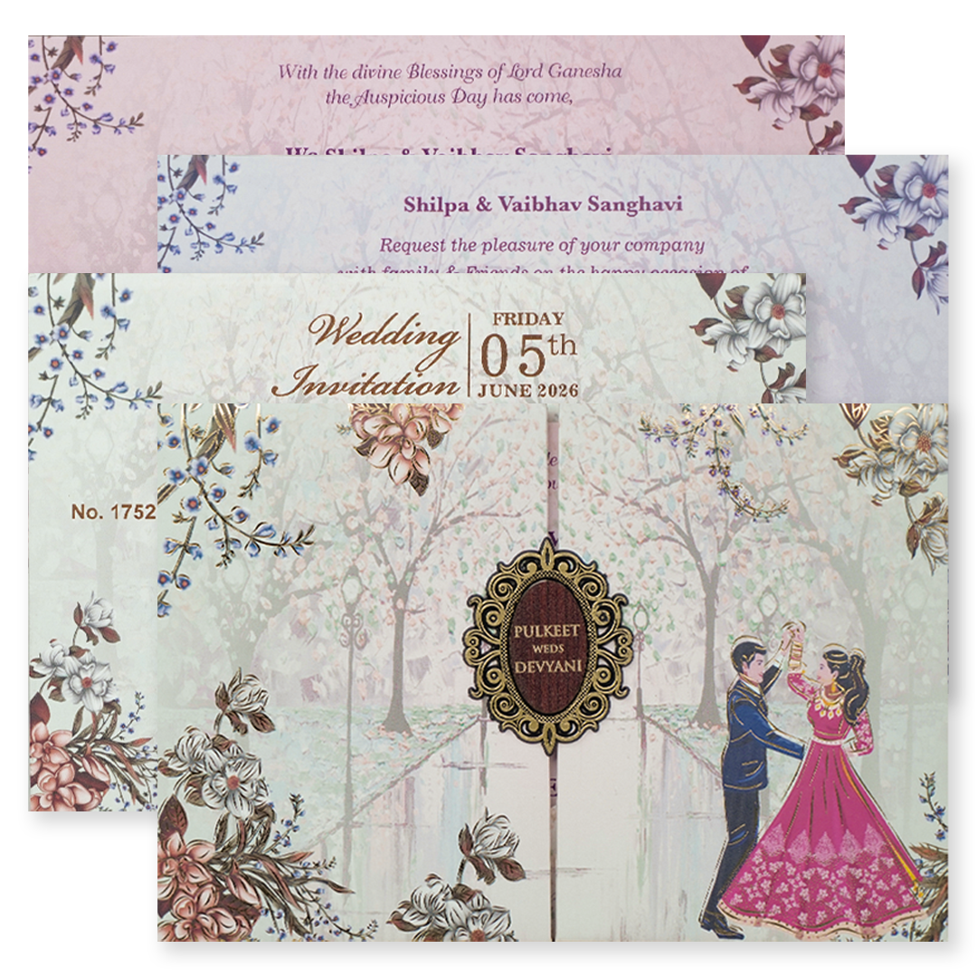 Grey Couple Dance Floral Padded Wedding Card-KJTS1752