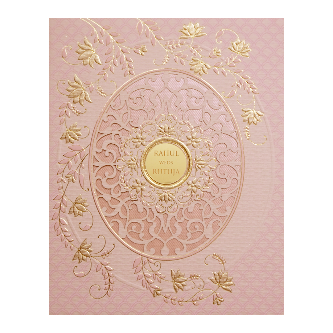 Pink Gold Lasercut Floral Padded Wedding Card -KMMWD1119