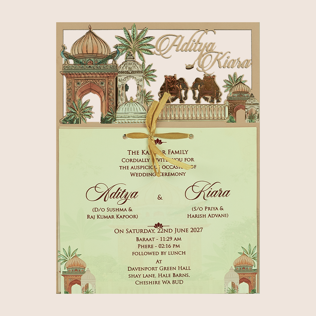 Peach Jharokha MDF Laser Cut Marriage Invitation - KFR16060
