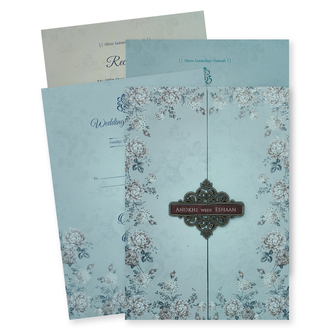 Check out Pastel Blue Floral Padded Wedding Card at best price.✅WhatsApp Support ✅Express Delivery.|King of cards.