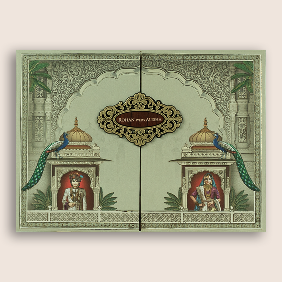 Pale Green Bride Groom Door Style Padded Wedding Card - KFR17360