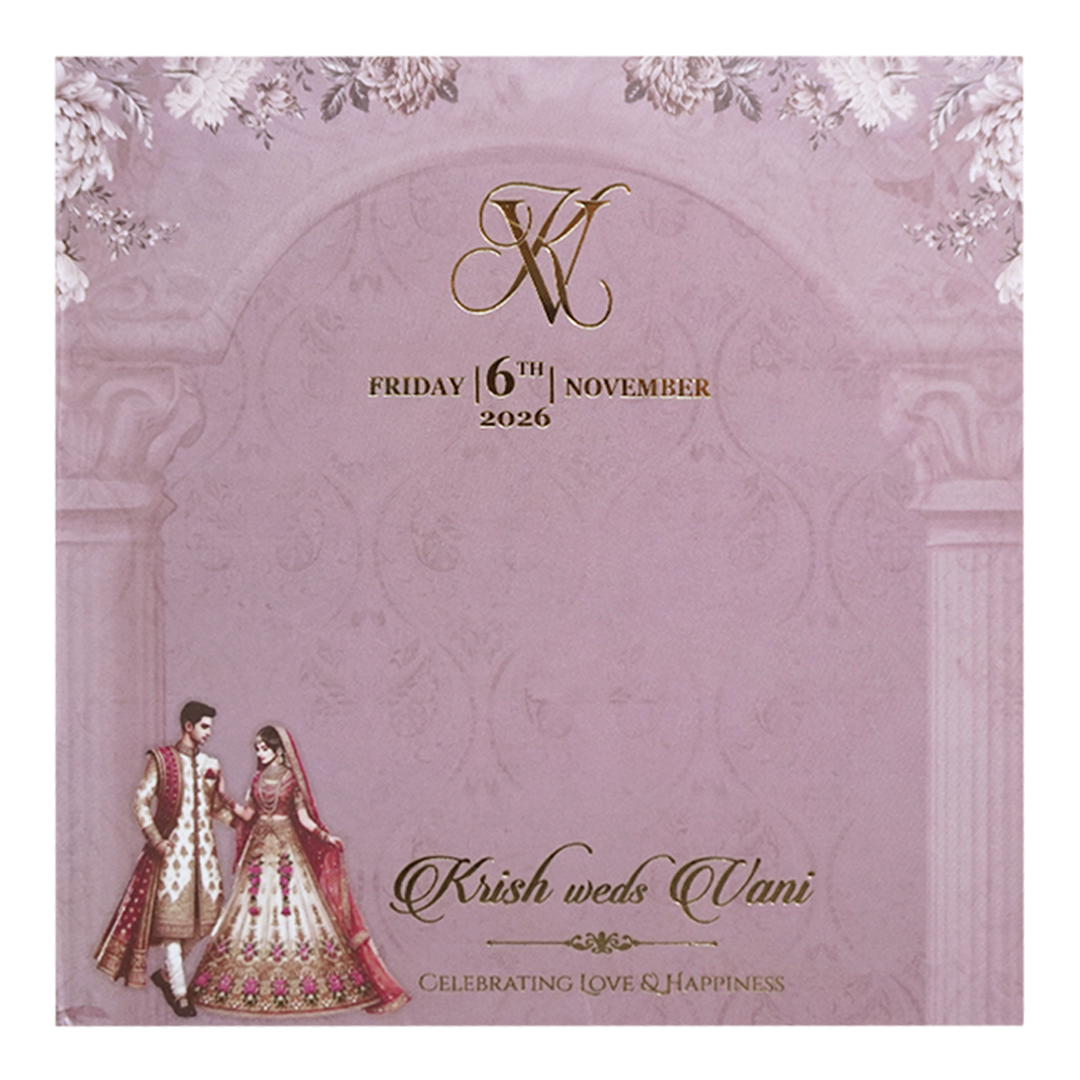 Purple Floral padded Pillar Wedding Card -KVN07530