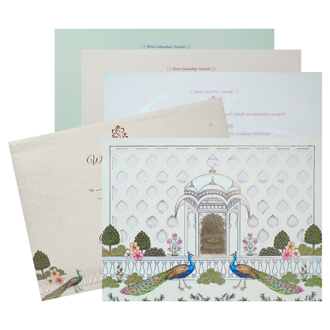 Cream Peacock Laser Cut Wedding Card-KJTS3682