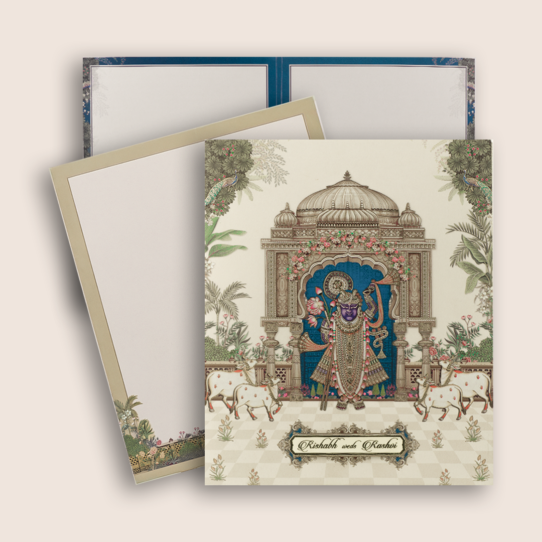 Cream Lord Shrinathji Premium Wedding Card - KAA05240
