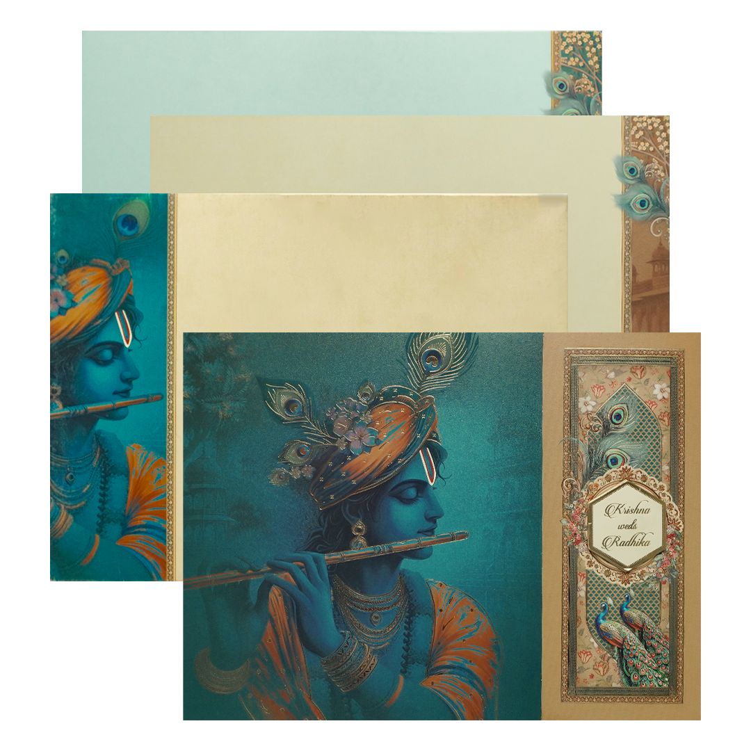 Blue Lord Krishna Peacock Wedding Card-KAK01190