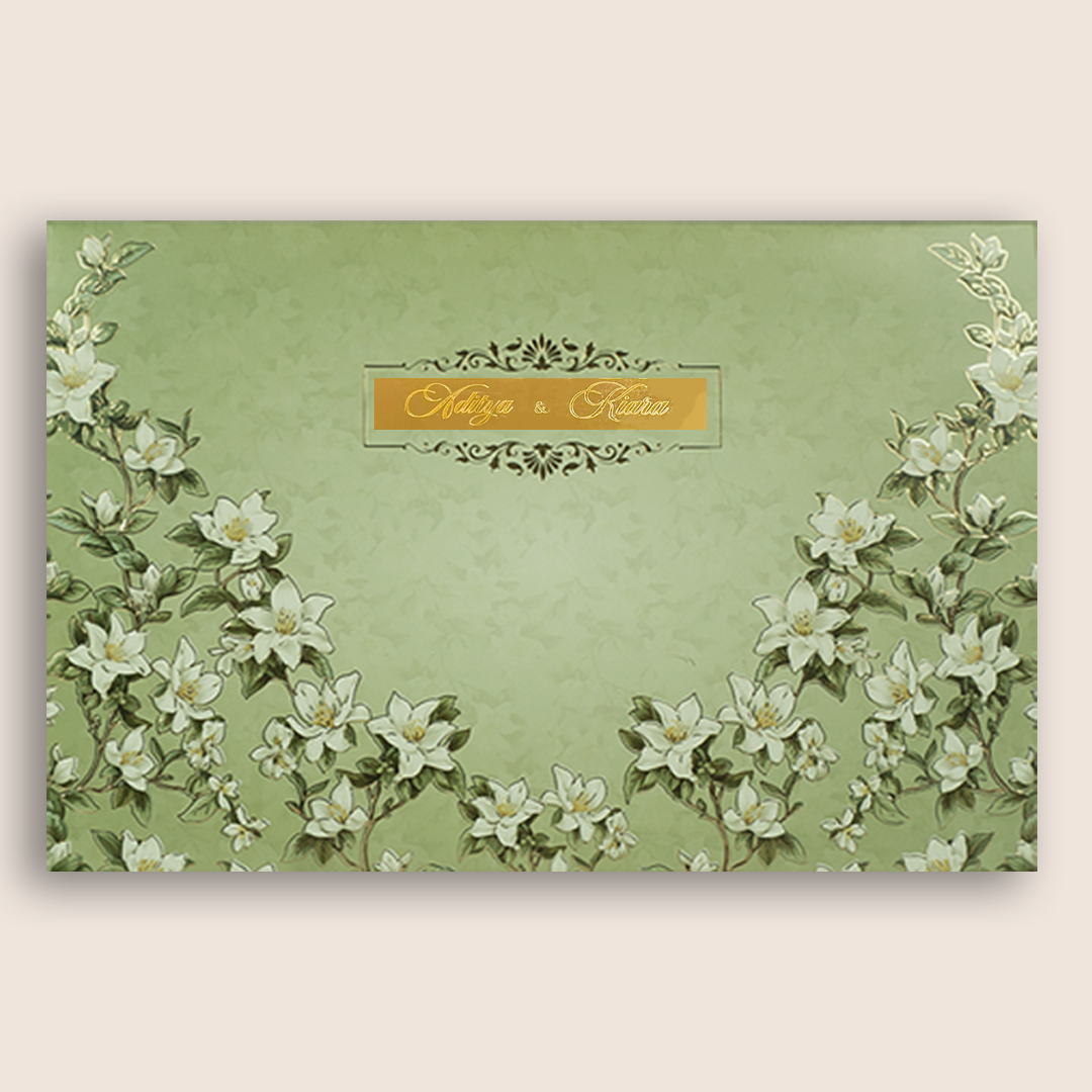 Olive Green Embossed Lilly Flower Padded Wedding Invitation - KFR17430
