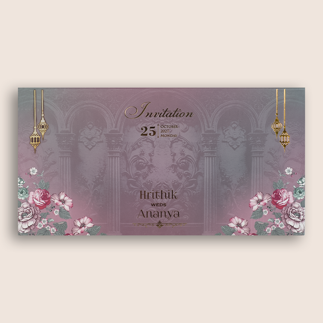Purple Floral Embossed Padded Marriage Invitation - KVN07810