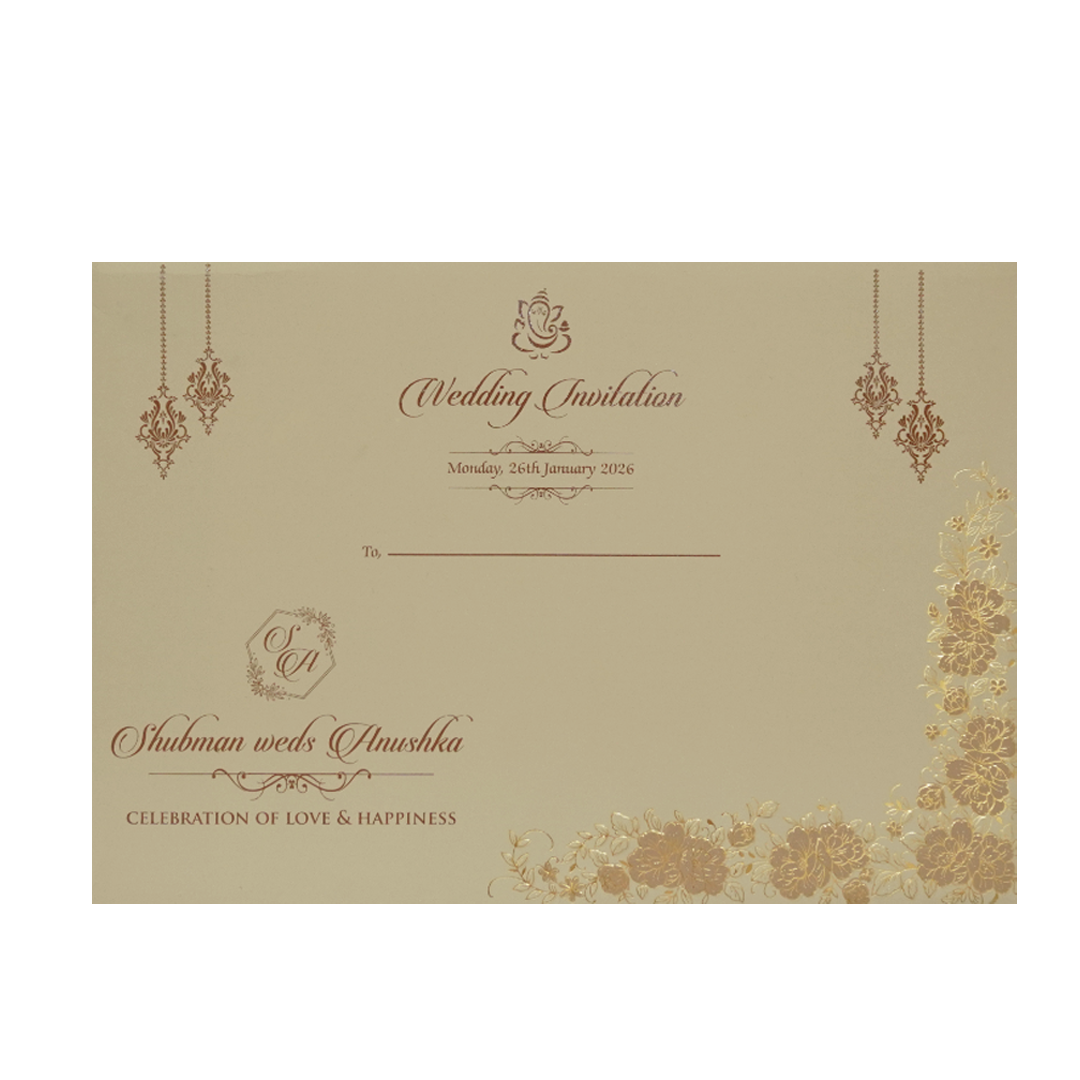 Beige Padded Embossed Floral Wedding Invitation Card-KRB09792