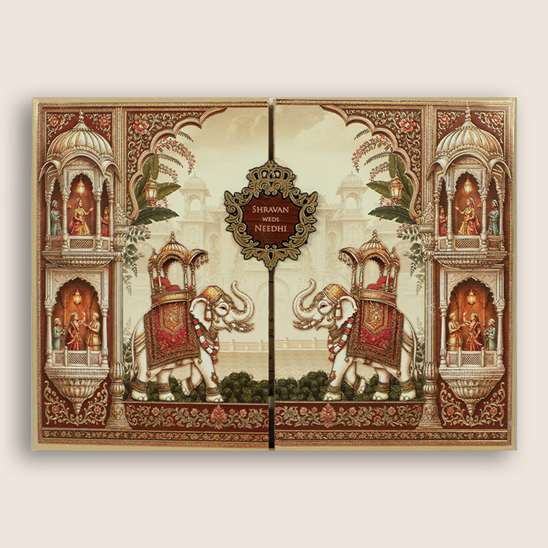 Beige Royal Elephant Door Style Wedding Card - KSH18890