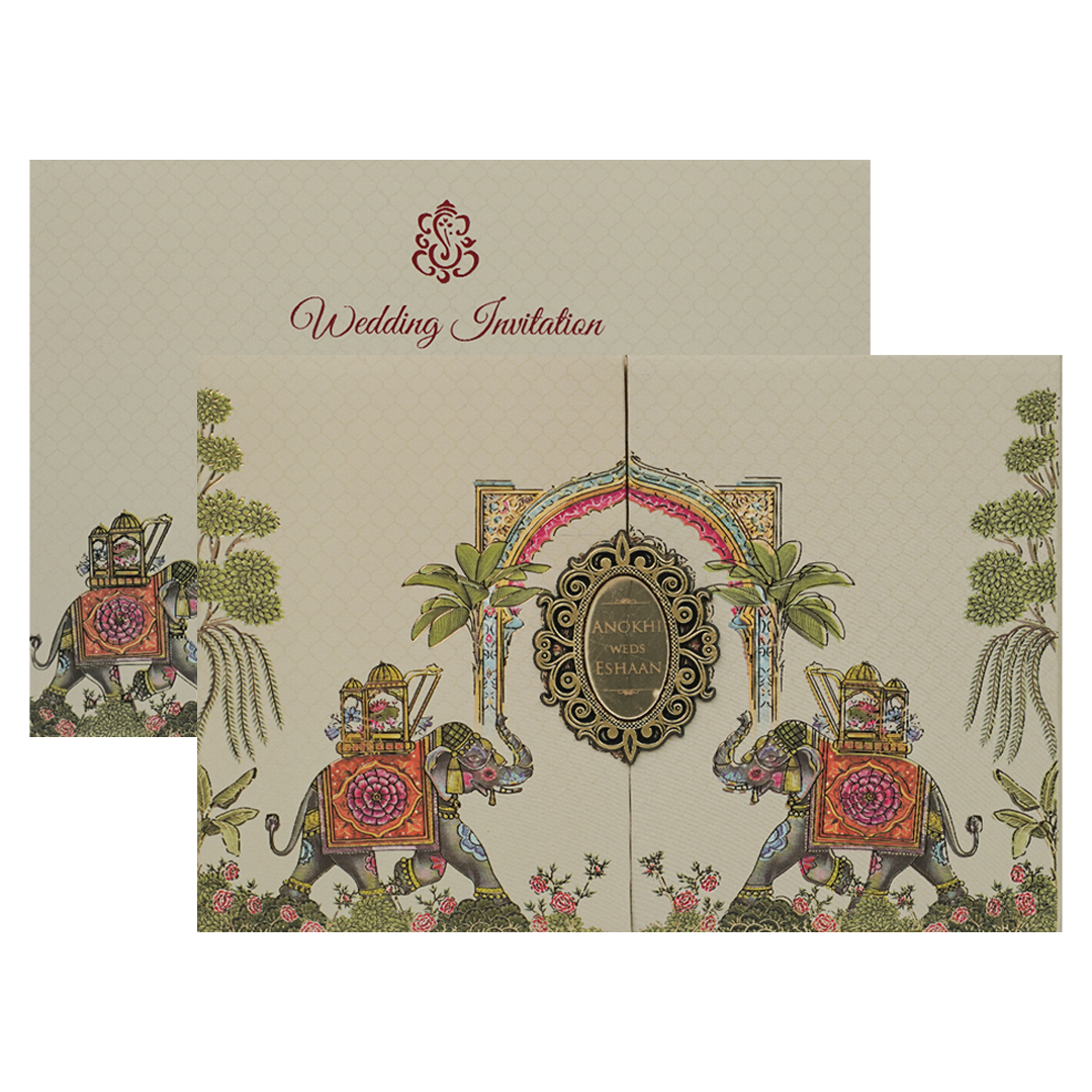 Cream Royal Elephant Arch Wedding Card-KJTS3674