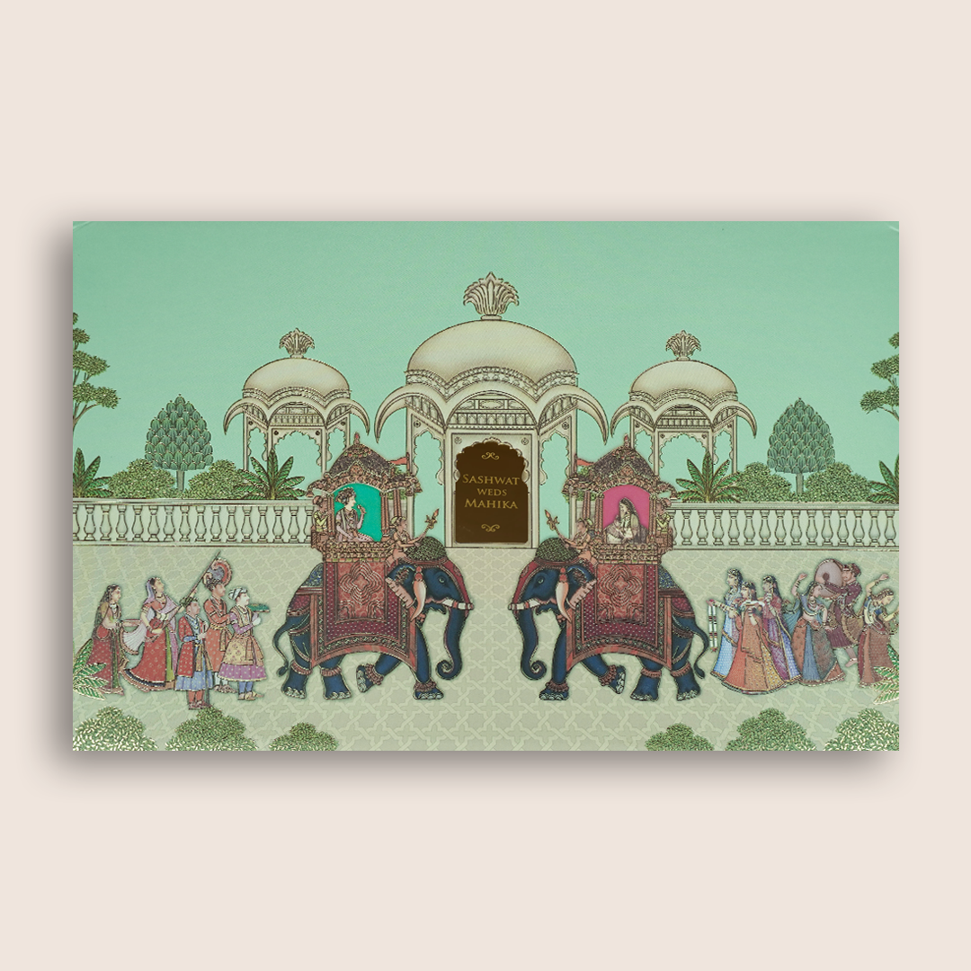 Green Bride Groom Royal Elephant Padded Wedding Card - KRE27150