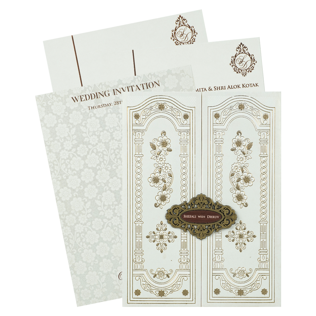 White Embossed Floral Arch Padded Wedding Card-KRE28250