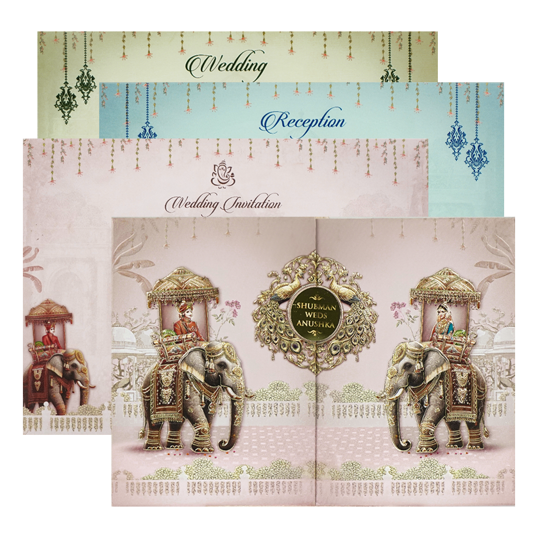 Pink Gold Elephant Theme Padded Wedding Card-KRB09210