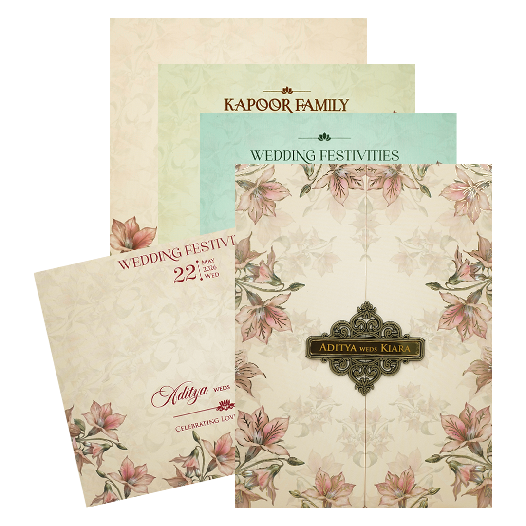 Pastel Peach Lily Floral Padded Wedding Card-KFR16280