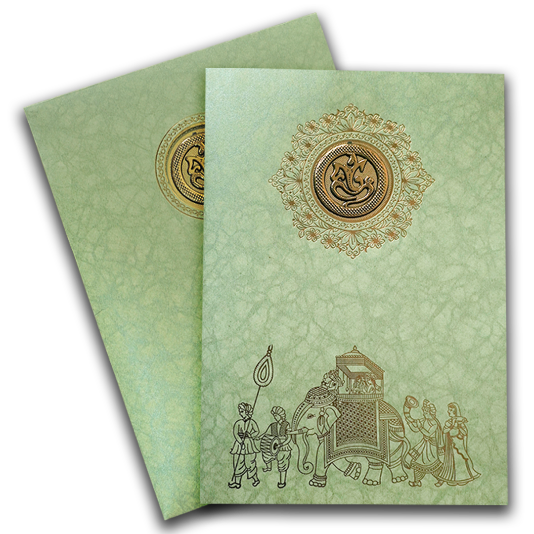 Green Elephant Baraat Wedding Card-KNKR039LG