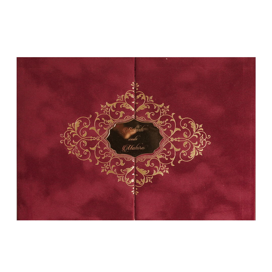 Maroon Gatefold Emblem Padded Wedding Card-KMMWD1164