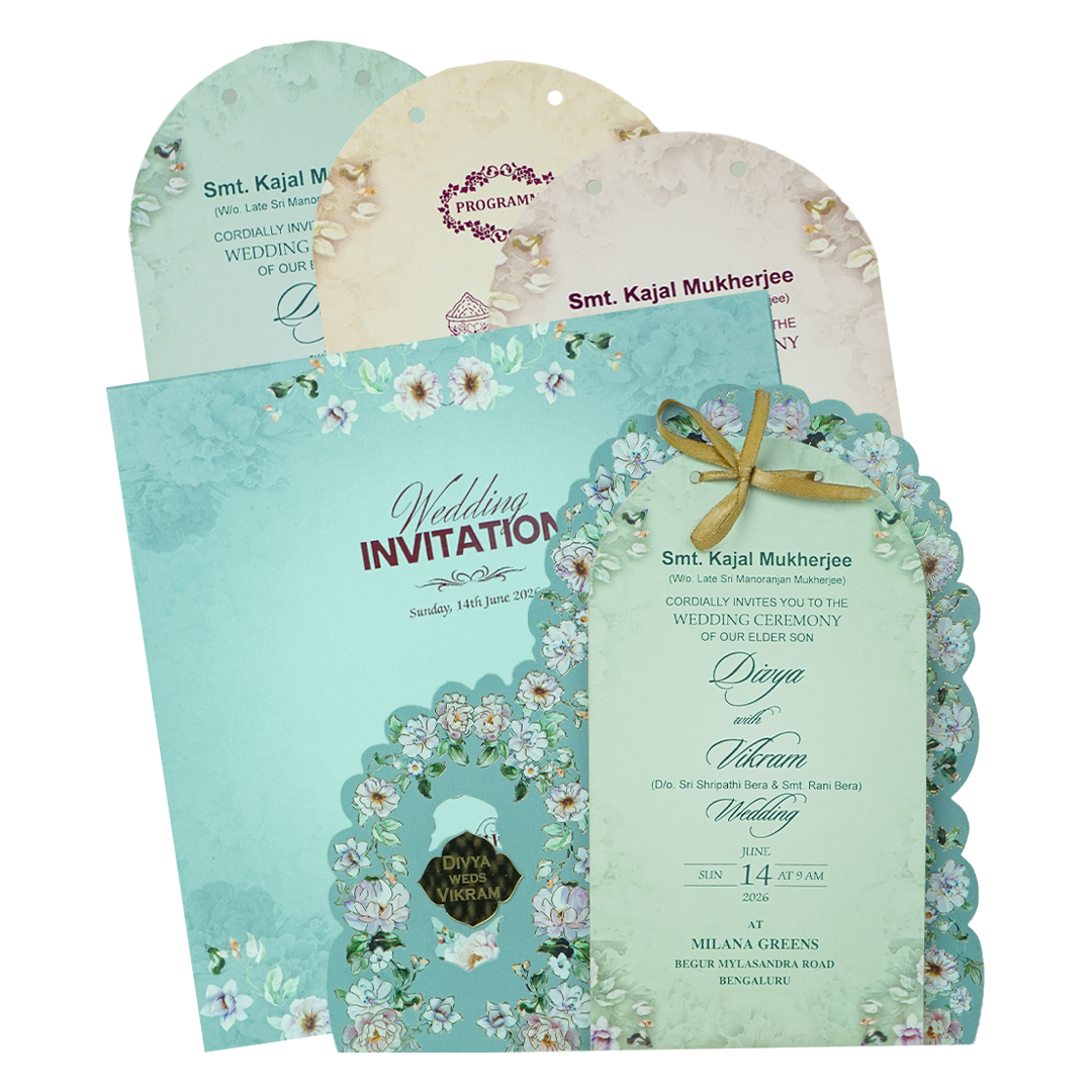 Blue Laser Cut Floral Wedding Card - KNBS3404