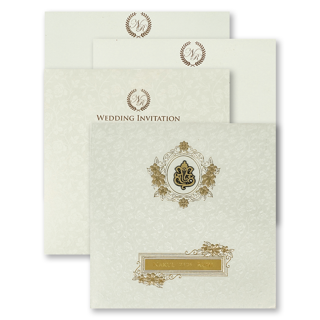 White Floral Ganesha Padded Wedding card-KRE28290