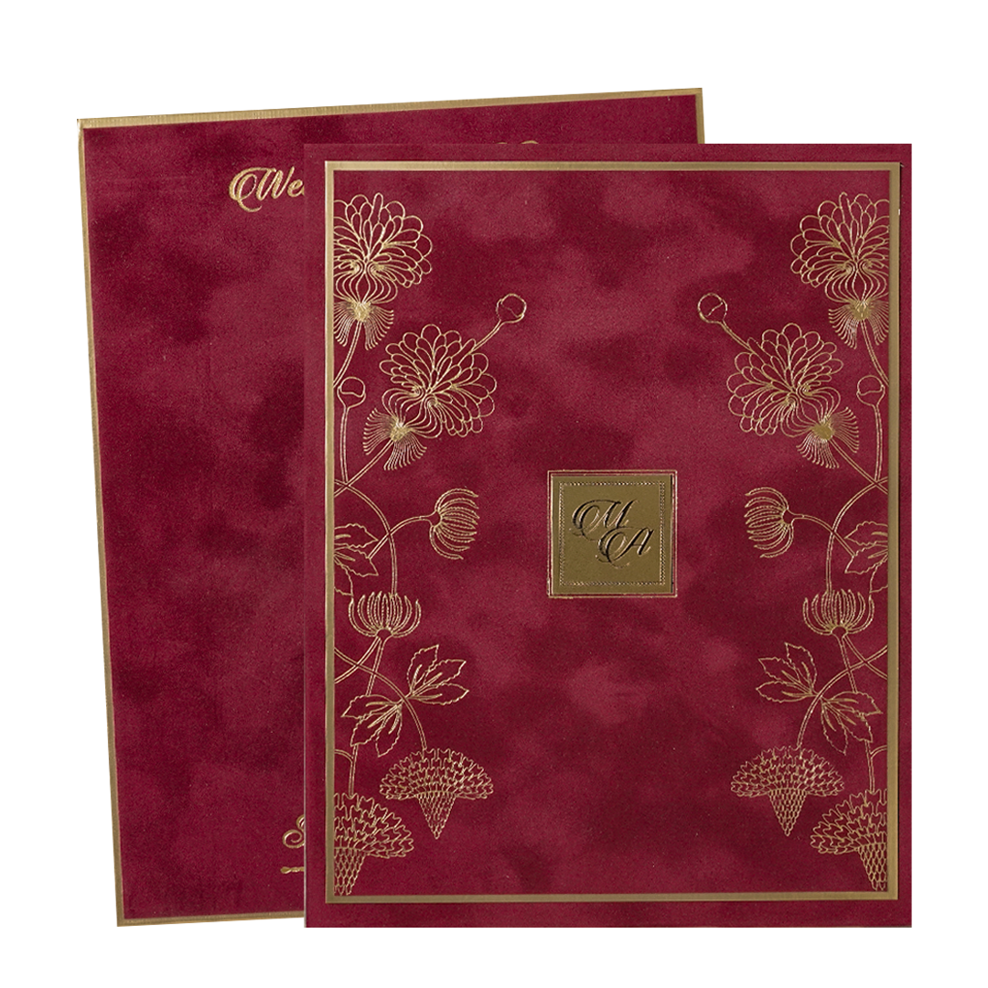 Maroon Floral Padded Wedding Card-KMMWD1156